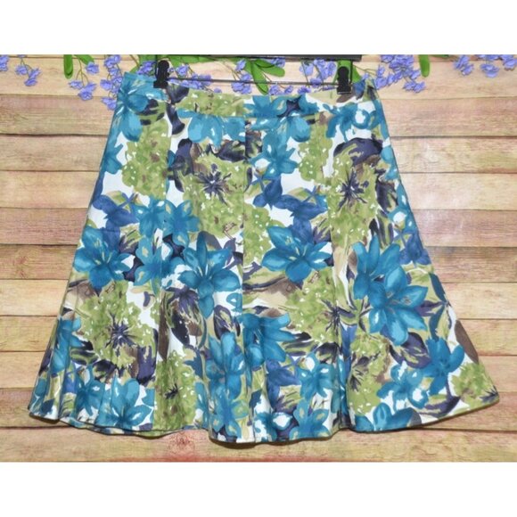 Vintage George Ladies Blue Green Floral A-Line Knee Length Skirt Size 12 Casual - Picture 1 of 8